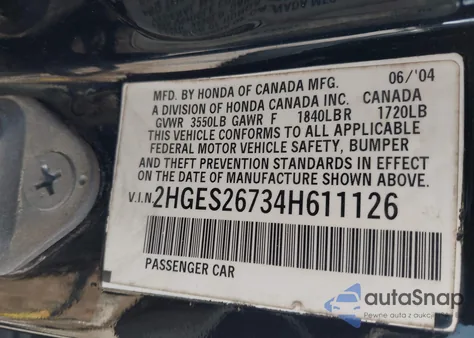 2004 Honda Civic Ex from USA, damaged, VIN 2HGES26734H611126